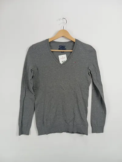 Tommy Hilfiger Damen Pullover V-Ausschnitt Grau Gr. 34/XS Casual Baumwolle
