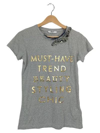 LIU JO Damen T-Shirt Gr. S Grau Gold Print Schmucksteine Strass