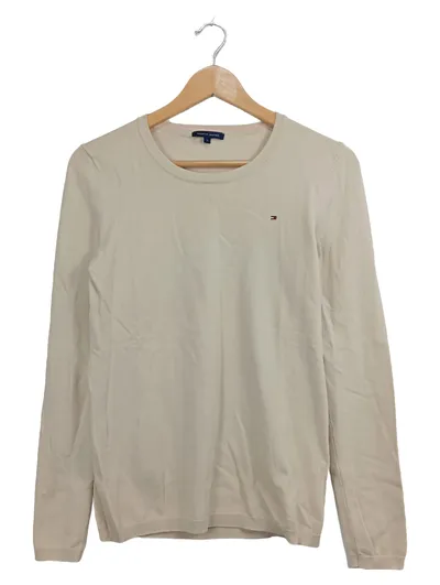 Tommy Hilfiger Pullover Damen Gr. 36/S Beige Baumwolle Logo Basic Rundhals