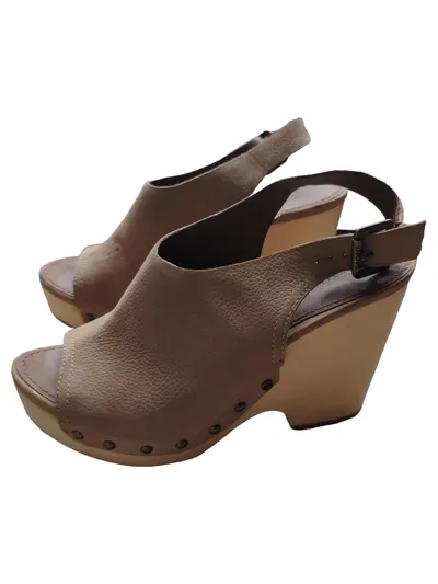 Marc O'Polo Wedge Clogs Damen Sandalen Leder Keilabsatz Beige Gr. 39