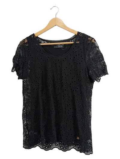 Liu Jo Damen T-Shirt Gr. 44 Schwarz Lochmuster Spitze Elegant