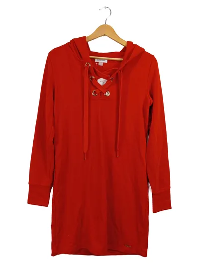 Calvin Klein Damen Hoodie Kleid Rot Schnürung Kapuze Gr. S