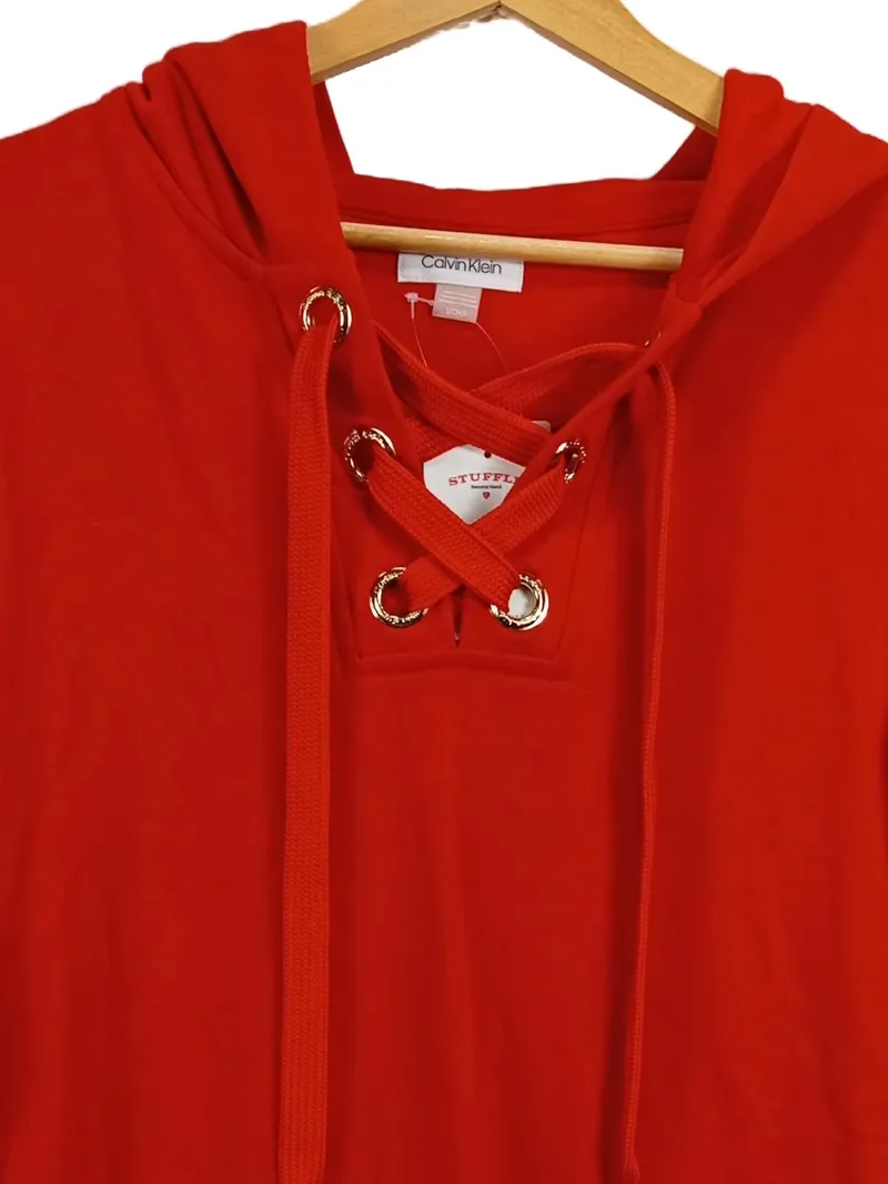 Calvin Klein Damen Hoodie Kleid Rot Schnürung Kapuze Gr. S 3