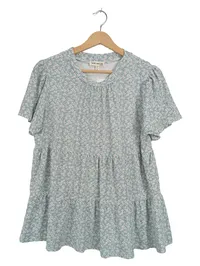 Faith and Joy Damen Bluse Gr. M/38 Blumenmuster Hellblau Rüschen 1
