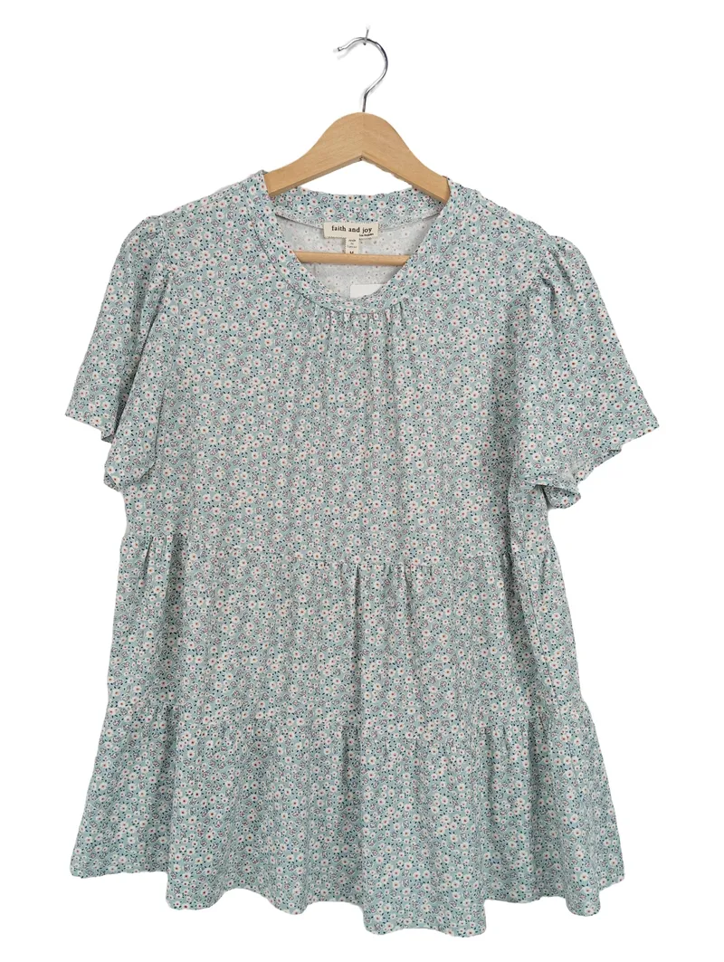 Faith and Joy Damen Bluse Gr. M/38 Blumenmuster Hellblau Rüschen 1