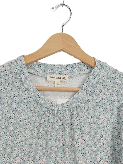 Faith and Joy Damen Bluse Gr. M/38 Blumenmuster Hellblau Rüschen