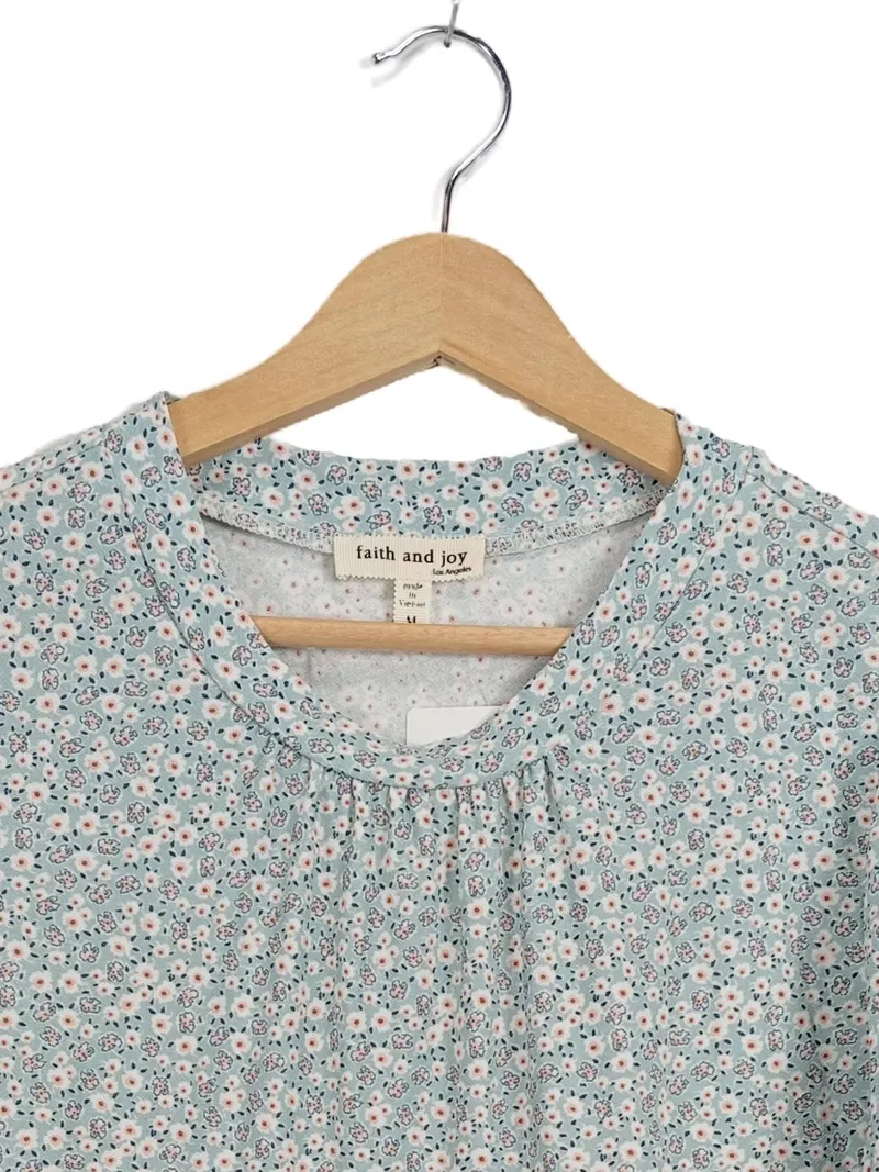 Faith and Joy Damen Bluse Gr. M/38 Blumenmuster Hellblau Rüschen 2