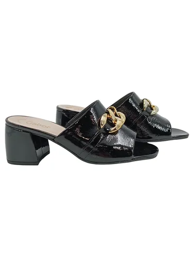 Gabor Damen Mules Pantoletten Lackleder schwarz Kette Gold Gr. 39