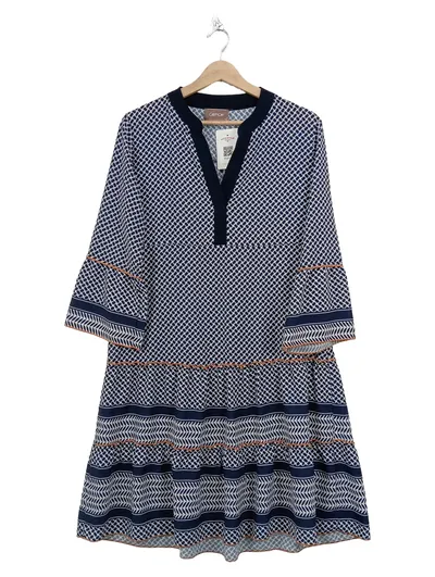 CARMEN Damen Freizeitkleid Gr. 38 M Blau Gemustert Casual V-Ausschnitt
