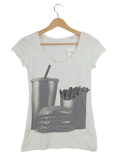 Einstein & Newton Damen T-Shirt Burger Pommes Print Strass Gr. XS Weiß
