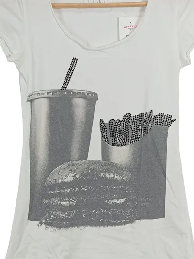 Einstein & Newton Damen T-Shirt Burger Pommes Print Strass Gr. XS Weiß