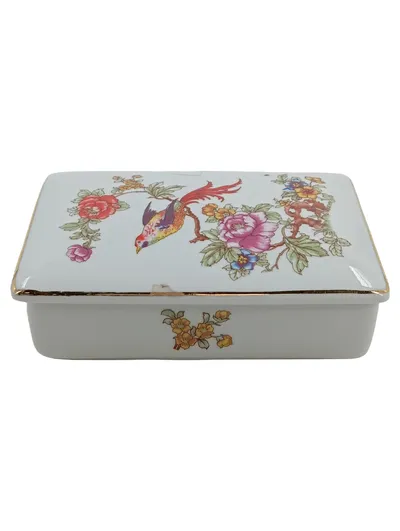 Hollóháza Porzellan Schmuckdose Vogel Blumen Dekor Gold Vintage Ungarn