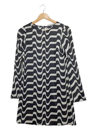 MANGO Damen Freizeitkleid XS Schwarz Weiß Wellenprint Modern Langarm