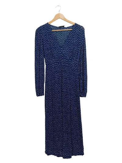 MANGO Damen Kleid XS Blau Gepunktet Langarm V-Ausschnitt Midi