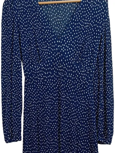 MANGO Damen Kleid XS Blau Gepunktet Langarm V-Ausschnitt Midi
