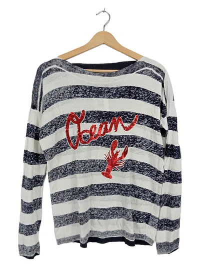 Comma Damen Pullover Gr. 38 Leinen Mix Gestreift Blau Ocean Hummer Pailletten