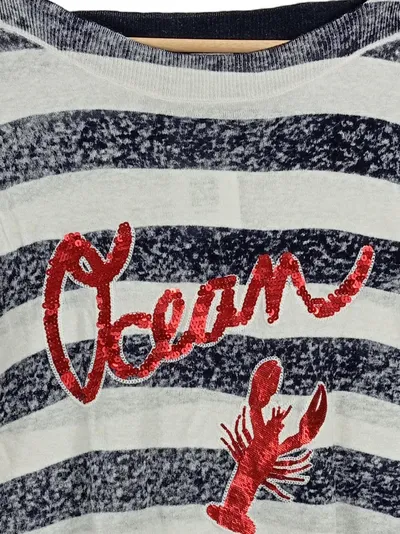 Comma Damen Pullover Gr. 38 Leinen Mix Gestreift Blau Ocean Hummer Pailletten