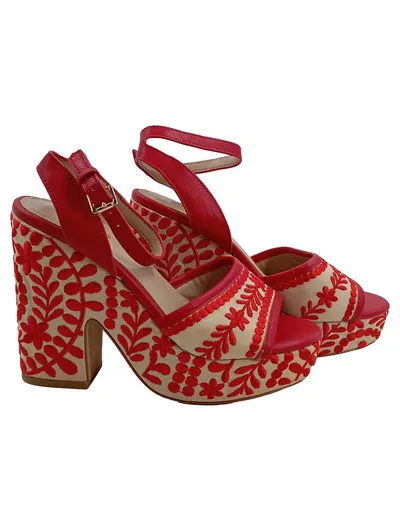 ALDO Damen Plateausandalen Gr. 35 Rot Stickerei Bohemian Blockabsatz