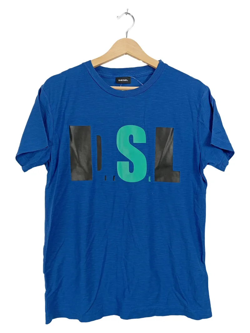 Diesel Herren T-Shirt Blau Logo-Print Gr. M Kurzarm Casual 1