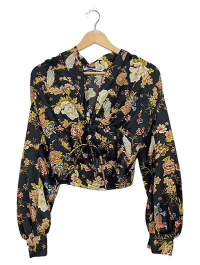 ZARA Damen Bluse XS Blumenmuster Wickeloptik Langarm Schwarz Floral