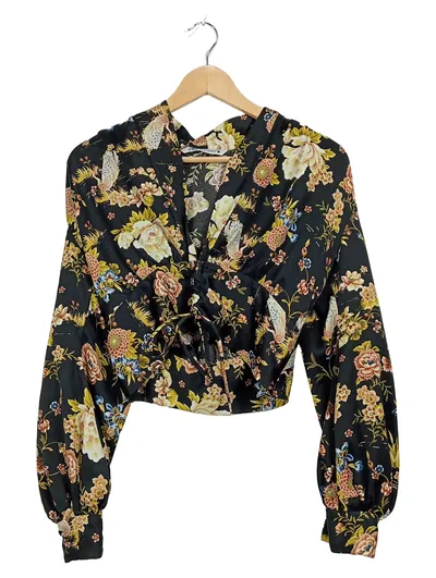 ZARA Damen Bluse XS Blumenmuster Wickeloptik Langarm Schwarz Floral