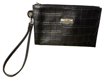 Longchamp Clutch Damen Leder Krokoprägung Schwarz Roseau Wristlet