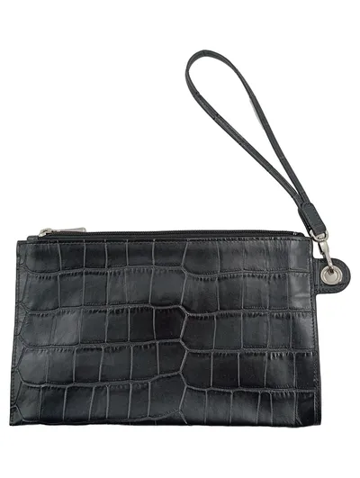 Longchamp Clutch Damen Leder Krokoprägung Schwarz Roseau Wristlet