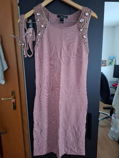 Mango Etuikleid Damen Gr. M Rosa Schmucksteine Häkel-Details