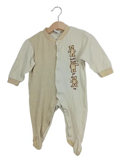 BERTI Baby Strampler Schlafanzug Gr. 62/68 Beige Teddy Bär Motiv