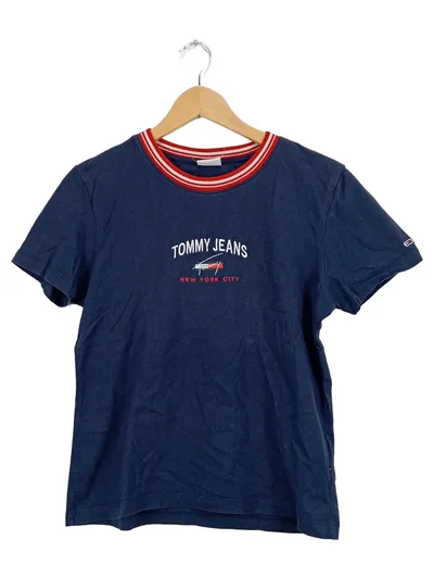 Tommy Jeans Damen T-Shirt Gr. S/36 Blau New York City Logo Stickerei