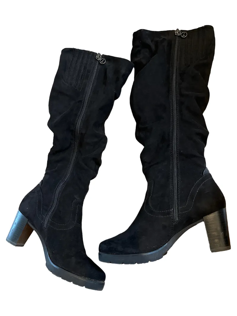 Tamaris Damen Stiefel Gr. 36 Schwarz Wildleder Blockabsatz Raffung 2