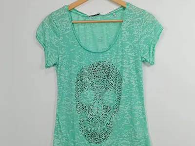 Rich & Royal Damen T-Shirt Totenkopf Strass Türkis Gr. M 38