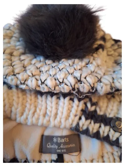 Barts Strickmütze Bommel Damen Beige Schwarz Fellpompon One Size