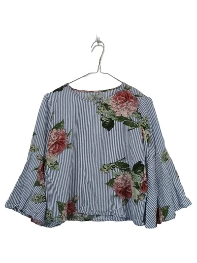 Pigalle Damen Bluse Gr. 34 Blumenmuster Streifen Blau Rosa Viskose