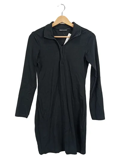 ZARA Damen Strickkleid Schwarz Rippstrick Polokragen Gr. L/42