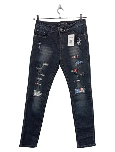 X-MAX Herren Slim Fit Jeans Gr. 40 Schwarz Destroyed USA Flagge Patches