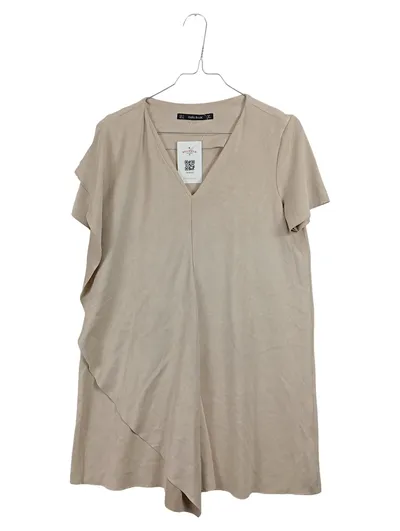 ZARA BASIC Damen Bluse Tunika V-Ausschnitt Kurzarm Beige Gr. S
