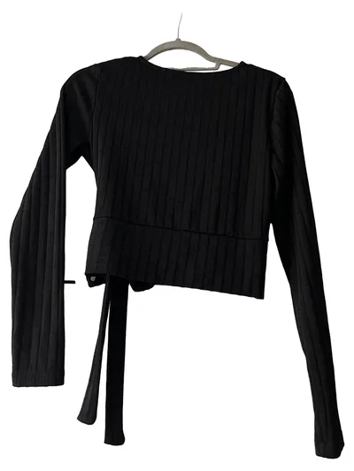 NA-KD Wickelshirt Damen Langarmshirt Gr. M Grau Rippstrick Cropped
