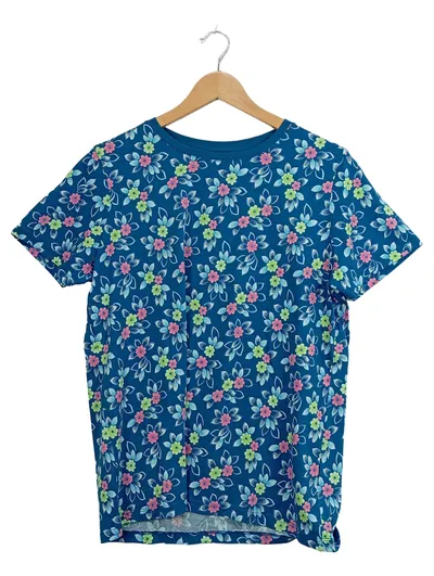 LANDS' END Damen T-Shirt Blumenmuster Blau Gr. M Baumwolle