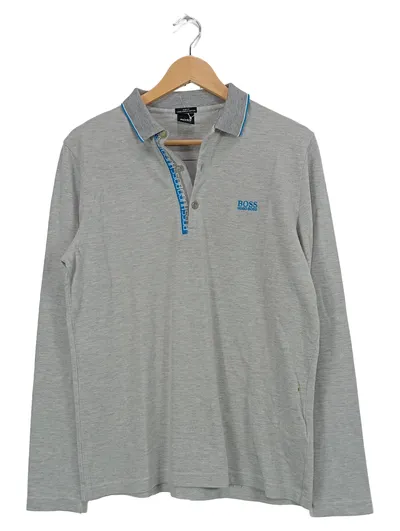 HUGO BOSS Herren Poloshirt Langarm Gr. 38 (S) Grau Baumwolle Piqué Slim Fit