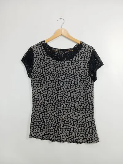 TAIFUN Damen Bluse Shirt Punkte Spitze Schwarz Gr. 36;S Kurzarm Feminin