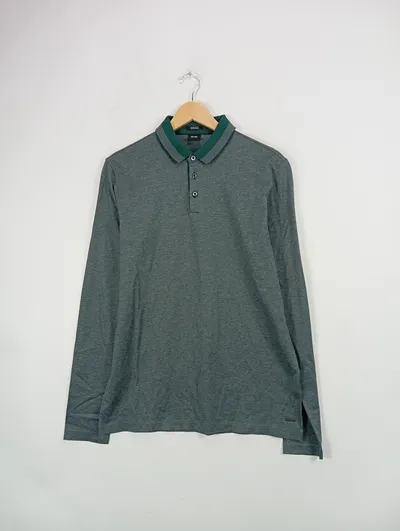 BOSS Hugo Boss Herren Langarm Poloshirt Gr. M/38 Grün Meliert Regular Fit