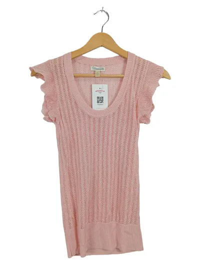 Susina Damen Pullover Strickshirt Gr. 34/XS Rosa Kurzarm Lochmuster Rüschen