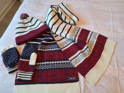 Lands' End Strickschal Norwegermuster Wolle Creme Navy Rot 188 cm