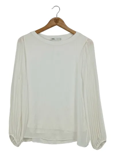 ZARA Damen Bluse M 38 Weiß Langarm Plissee Ärmel Elegant Transparent