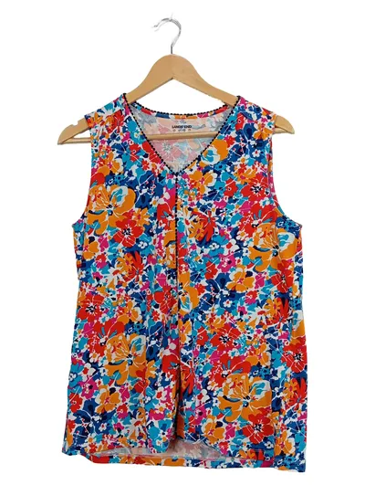 LANDS' END Damen Bluse Ärmellos Blumenmuster Gr. M Bunt Sommer