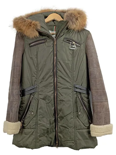 EUROPELLE Damen Winterjacke Gr. 46 Grün Outdoor Fellkapuze Lederdetails