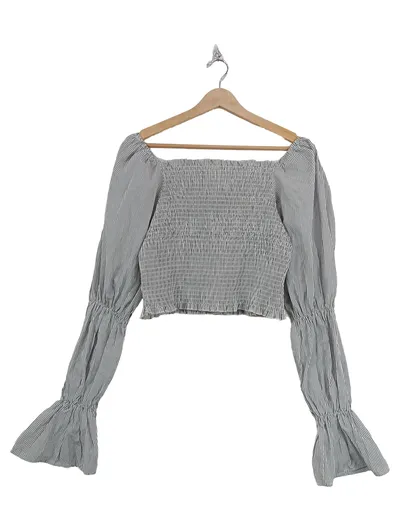 NA-KD Damen Langarmshirt Gestreift Gesmokt Bauchfrei Rüschen Gr. 38 M