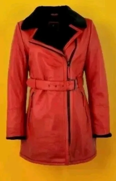 Otto Kern Damen Ledermantel Rot XL Fellkragen Gürtel Winterjacke