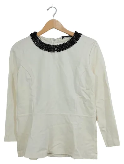 Hallhuber Bluse Elegant Gr. 40/L Weiß Langarm Festlich Perlen Viskose